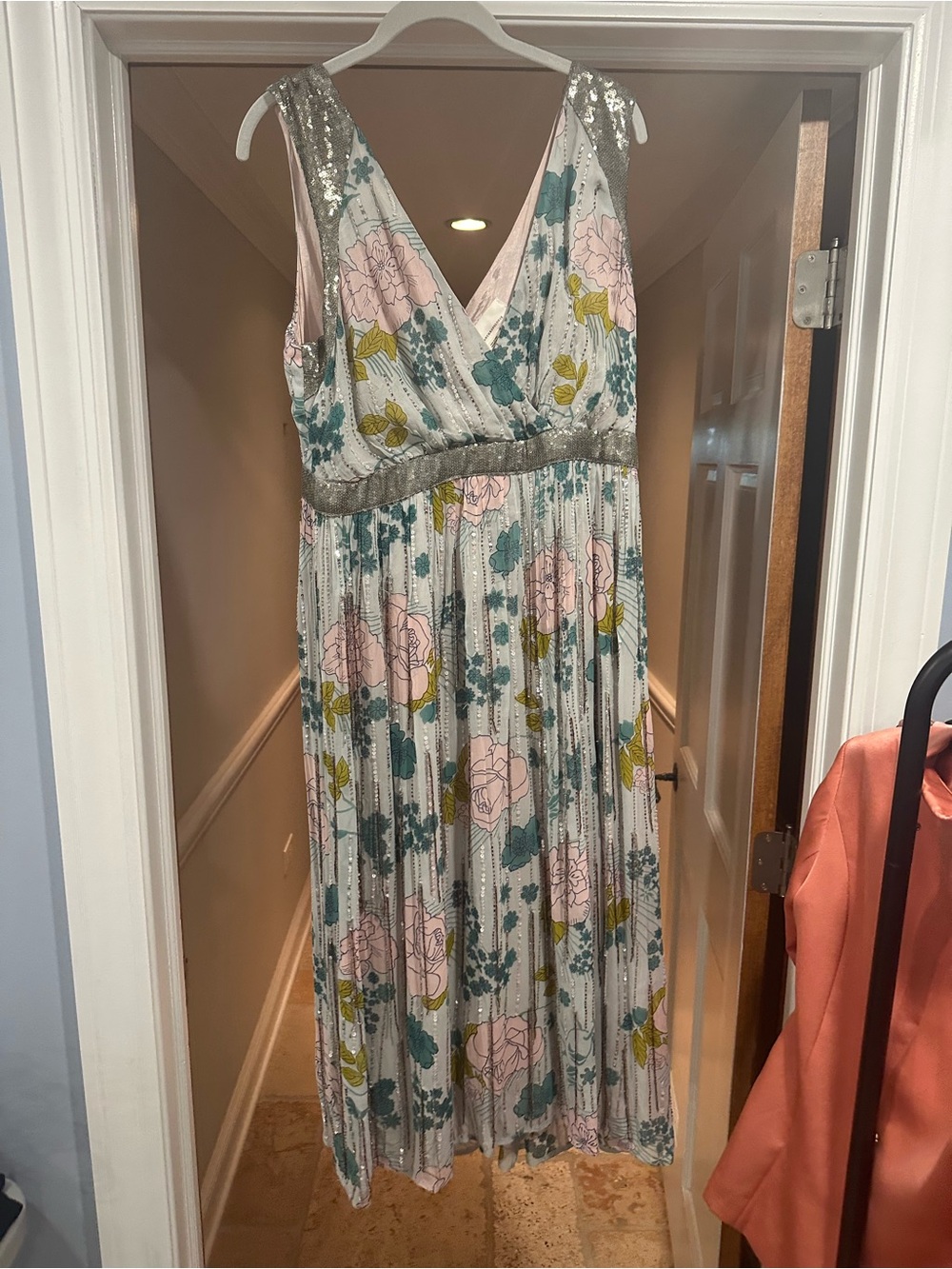 Anthropologie Floral Pleated Maxi Dress in Pink, Teal, Olive, Silver